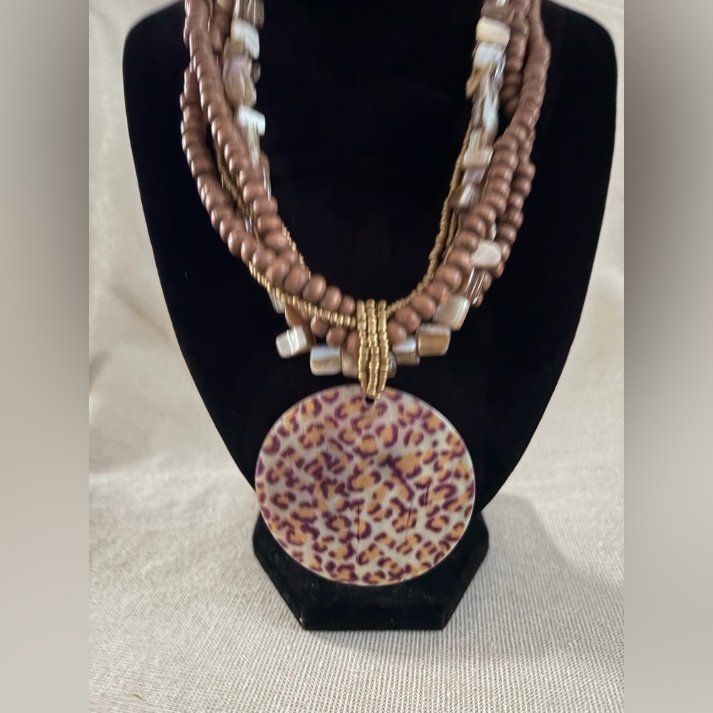 Brown Beaded Statement Necklace with Leopard Pendant